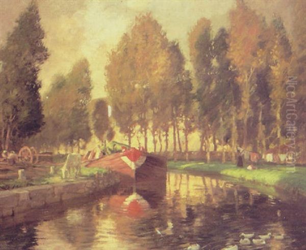 Barge On A River, Normandy Oil Painting by Rupert Bunny