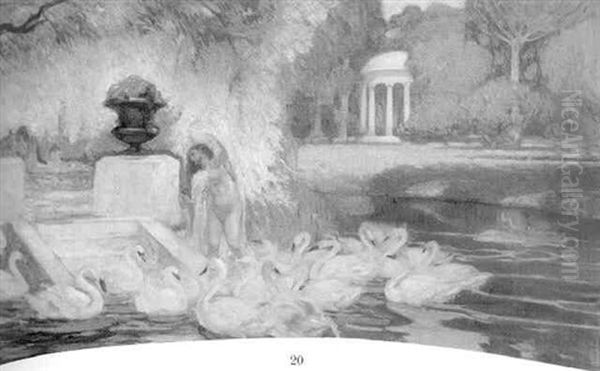 A Naked Woman Bathing With Swans, A Classical Temple Beyond Oil Painting by Rupert Bunny