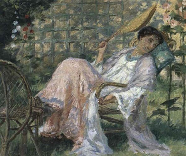 Jeane Morel, The Artist's Wife, Seated In A Wicker Chair Oil Painting by Rupert Bunny