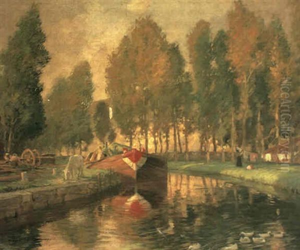 Barge On A River, Normandy Oil Painting by Rupert Bunny