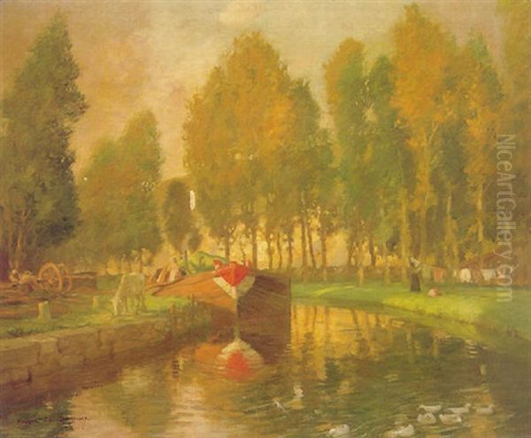 Barge On A River, Normandy Oil Painting by Rupert Bunny