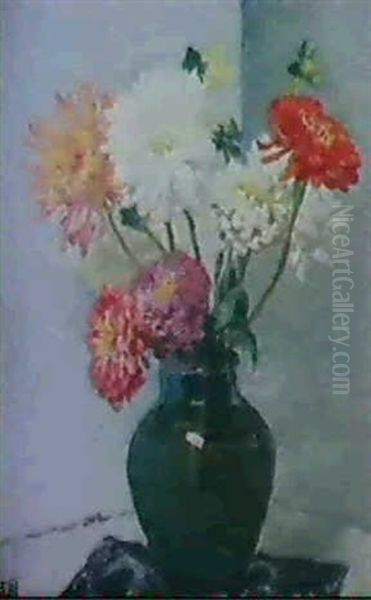 A Vase Of Dahlias Oil Painting by Rupert Bunny