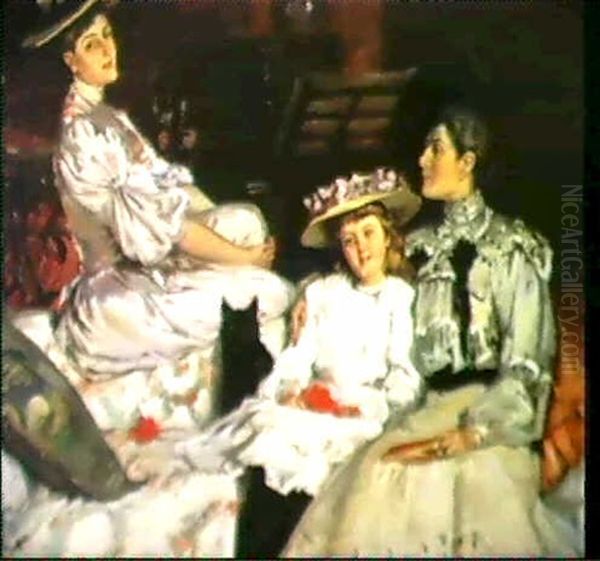 Mrs. Herbert Jones And Her Daughters,                       Hilda And Dulce Oil Painting by Rupert Bunny