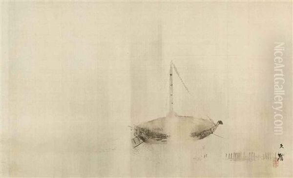 Hanging Scroll, Ink On Silk, Of A Boat In Rain Oil Painting by Shiokawa (Shion) Bunrin