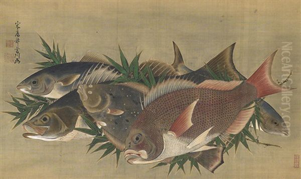 Group Of Fish Oil Painting by Miki Bunryu