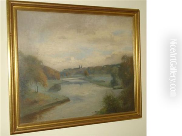 River Landscape With Aberdeen In The Distance Oil Painting by Thomas Bunting