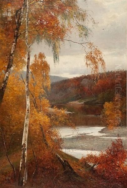 Birches On The Riverbank Oil Painting by Thomas Bunting