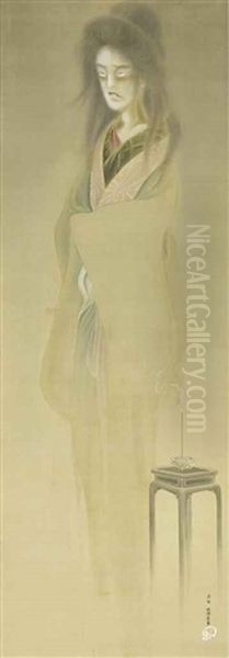 A Female Yurei (ghost), Her Ghostly Form Hovering Beside Incense Burning On A Wood Stand Oil Painting by Oka Bunto