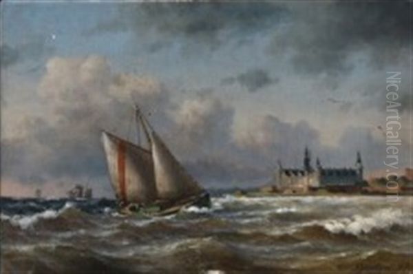 Ships At Sea At Oresund With A View Of Kronborg Oil Painting by Carl Buntzen