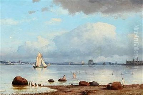 Seascape With Bathers And Sailing Boats, In The Background Kronborg Castle Oil Painting by Carl Buntzen