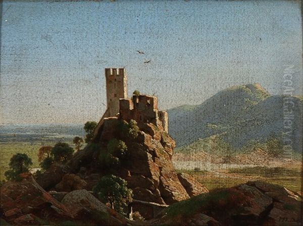 A Sunlit Ruin In An Italian Mountain Landscape Oil Painting by Heinrich Buntzen