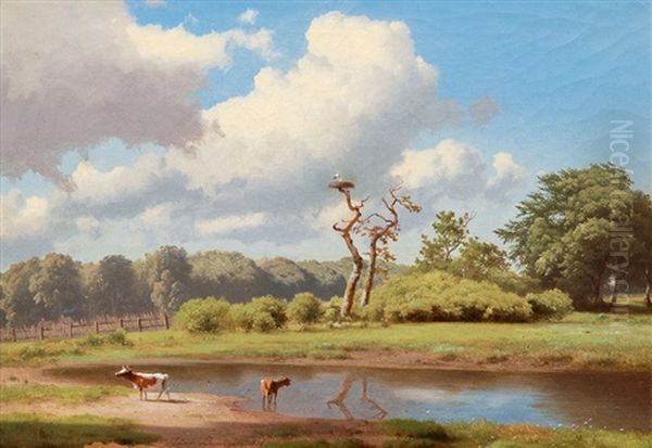 Idyllic Landscape With Stork's Nest Oil Painting by Heinrich Buntzen