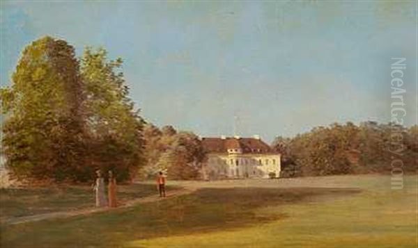 Parti Fra Bernstorffsparken Med To Spadserende Damer Og En Livrist, I Baggrunden Bernstorff Slot Oil Painting by Heinrich Buntzen