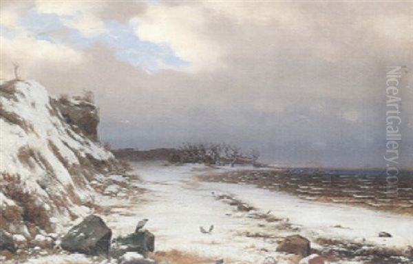 Romantisk Kystlandskab Med Krager Pa Strandbedden, Vinter Oil Painting by Heinrich Buntzen