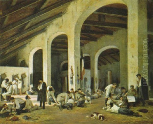 Una Caserma Di Modena, Volontari Della V Batteria Toscana Oil Painting by Ferdinando Buonamici