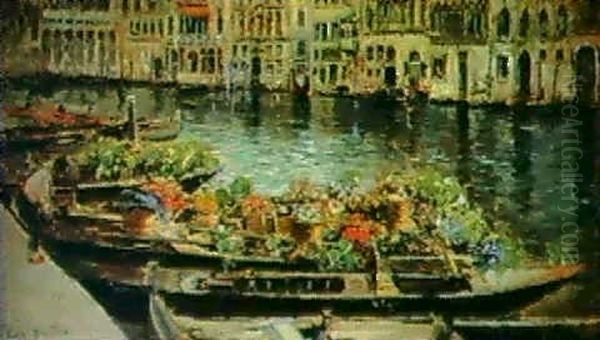 Gondolas Laden With Flowers And Vegetables On The Grand     Canal Oil Painting by Eugenio Buono