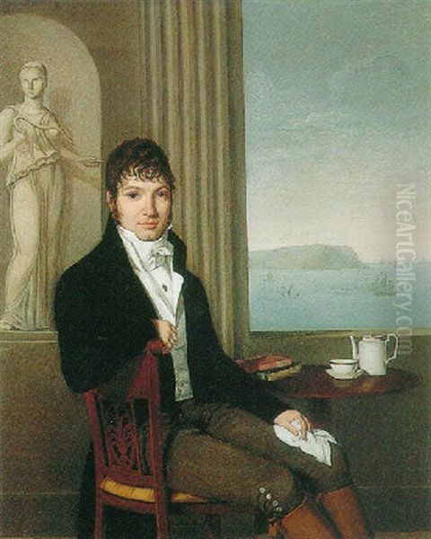 Portrait Of A Gentleman Seated At A Table With A Costal Landscape Beyond Oil Painting by Henri Buquet