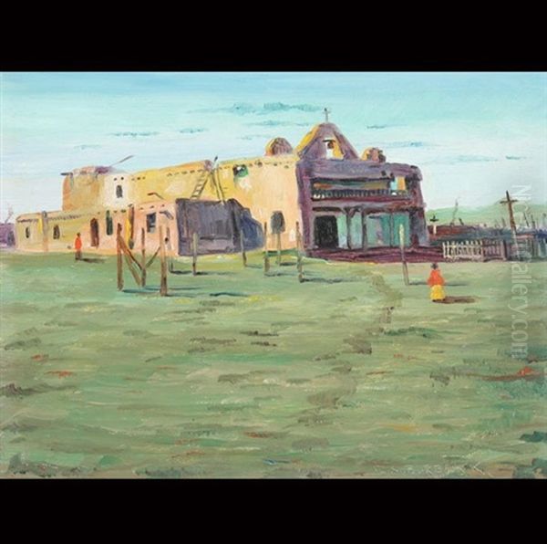 Indian Adobe Church At Zia, New Mexico Oil Painting by Elbridge Ayer Burbank