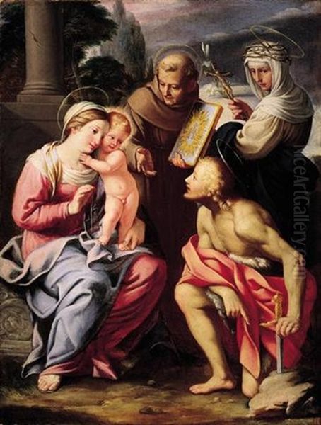 The Madonna And Child With Saints Catherine And Bernardino Of Siena, Together With Saint Galgano Oil Painting by Deifebo Burbarni