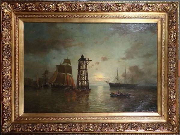 View Of Port By Night Oil Painting by Louis de Burbure