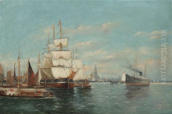 Trois-mats, Voiliers Et Bateaux A Vapeur Devant La Rade D'anvers Oil Painting by Louis de Burbure