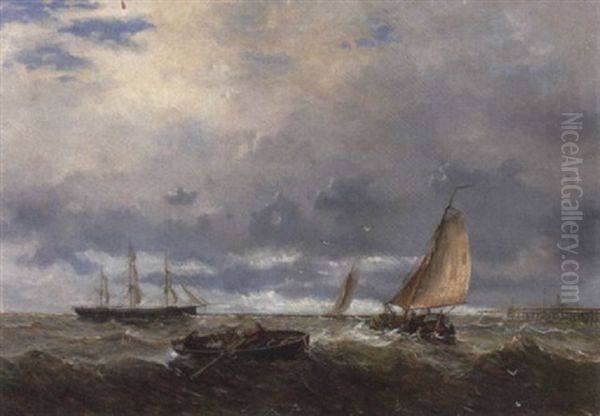 Fischerboote Und Segelschiff Vor Dem Sturm An Der Belgischen Kuste Oil Painting by Louis de Burbure