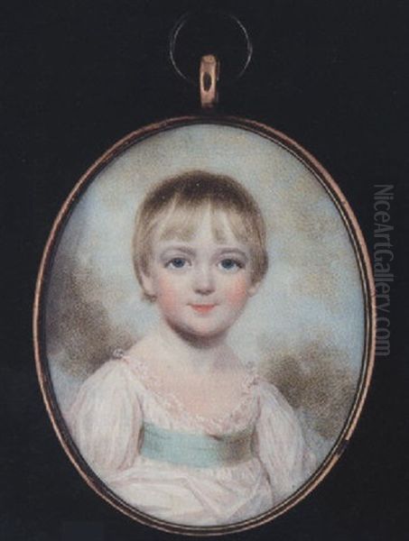 Portrait Of A Young Boy Wearing Low-cut White Dress With Lace Trim And Pale Turquoise-blue Waistband Oil Painting by Edward Burch