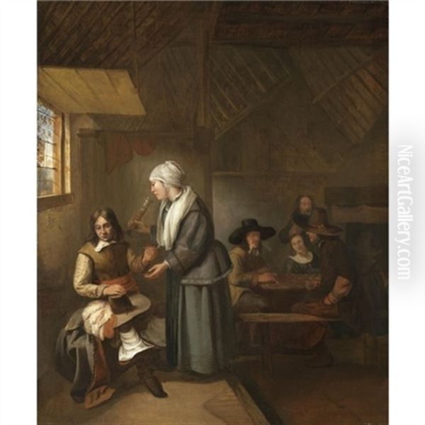 A Tavern Interior With A Soldier Seated Near A Window With A Serving Woman, Figures Playing Cards Behind Oil Painting by Hendrick Van Der Burch