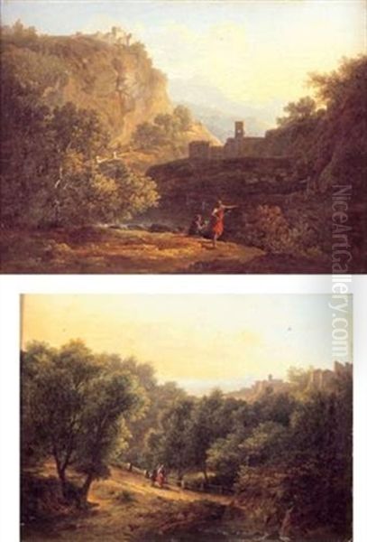 Paysanne Et Berger Sur Un Chemin Dans La Campagne Italienne (+ Promeneurs Dans Un Paysage De La Campagne Italienne Traverse Par Un Torrent; Pair) Oil Painting by Jacques-Hippolyte van der Burch