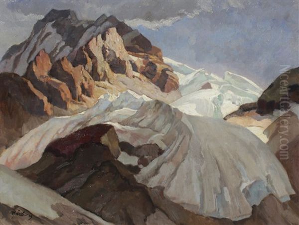 Snowcapped Mountain Peaks Oil Painting by Paul Buerck