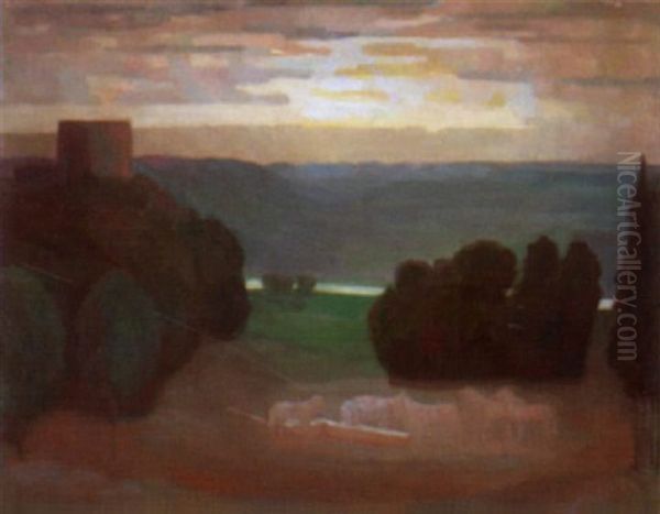 Pferde An Der Tranke In Abendlandschaft Oil Painting by Carl Burckhardt