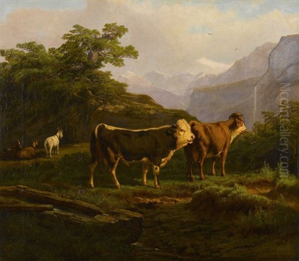 Kuhe Und Ziegen Vor Den Berner-alpen Oil Painting by Ludwig August Burckhardt