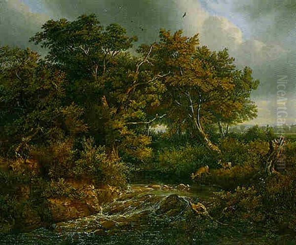 Waldlandschaft Mit Bach Und Rehen Oil Painting by Ludwig August Burckhardt