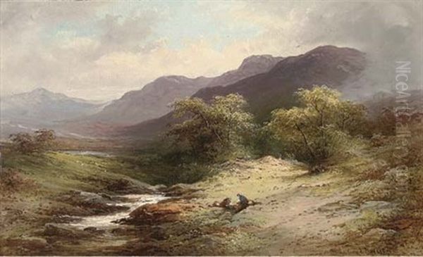 Figures Beside A Highland Stream (pair) Oil Painting by John Burcley