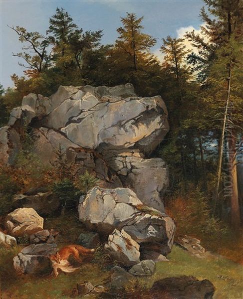 Fox With Its Prey In A Rocky Landscape Oil Painting by Carl Borromaeus Burde