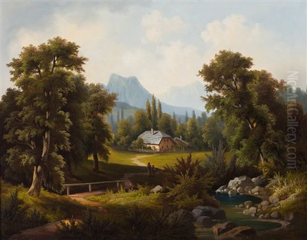 Osterreichische Voralpenlandschaft Mit Malerischem Gehoft Und Gebirgshintergrund by Jakob Burgaritzky