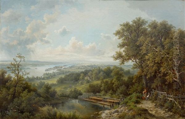 Danube Landscape With Figures Oil Painting by Jakob Burgaritzky