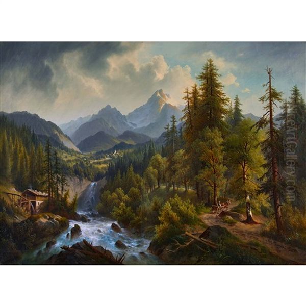 Wildbach Im Gebirge Oil Painting by Josef Burgaritzky