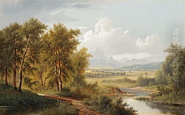 Riverbank Landscape Oil Painting by Josef Burgaritzky