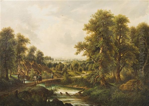 Landscape With A Watermill Oil Painting by Josef Burgaritzky