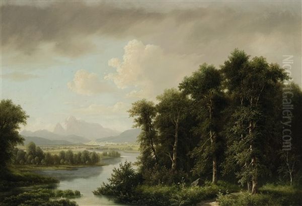 Flusslandschaft (inntal Bei Rosenheim) Oil Painting by Josef Burgaritzky