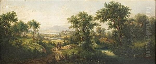 Panoramic Landscape With Figures From A Shoot, One Carrying The Days Catch On His Shoulders Oil Painting by Josef Burgaritzky