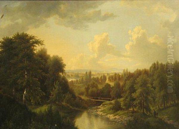 A Calm River Landscape With Figures On A Path In The Foreground Oil Painting by Josef Burgaritzky