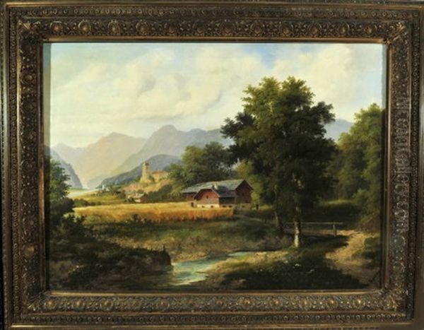 Haus Am Fluss In Weiter Berglandschaft Oil Painting by Josef Burgaritzky