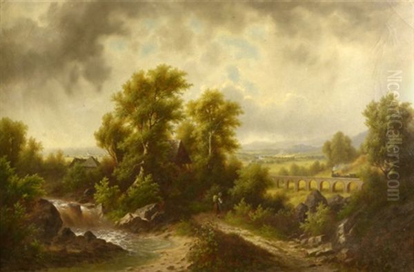 Landscape With A Railroad Bridge Oil Painting by Josef Burgaritzky