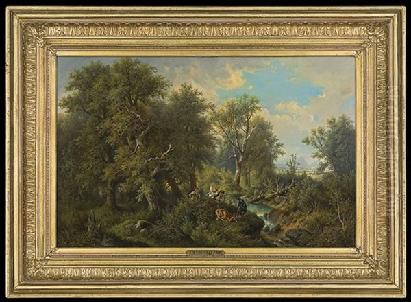 Hunt In The Forest Oil Painting by Josef Burgaritzky