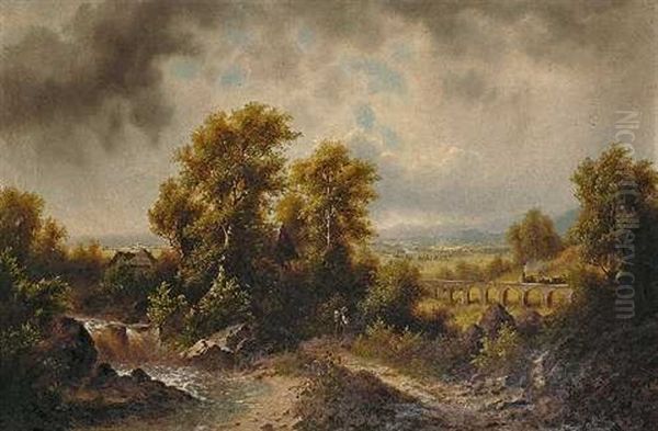 Landschaft Mit Eisenbahnbrucke Oil Painting by Josef Burgaritzky