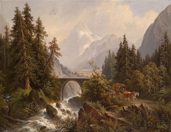 Ponte St. Marin Im Chamoniethale Mit Dem Montblank, Schweiz Oil Painting by Josef Burgaritzky