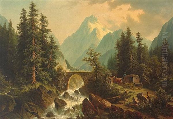 Alpenlandschaft Mit Tosendem Gebirgsbach, Steinerner Brucke Und Zweispanniger Kutsche Oil Painting by Josef Burgaritzky