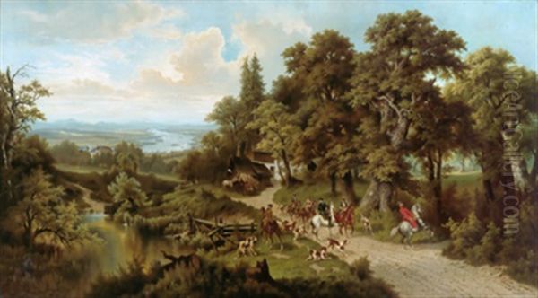 Jagdgesellschaft Vor Einer Weiten Landschaft (donaulandschaft?) Oil Painting by Josef Burgaritzky